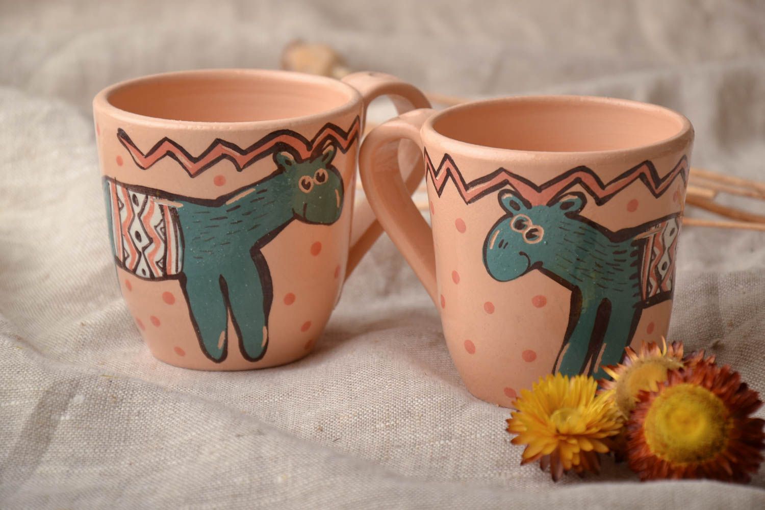 Beige color smiling lama pattern drinking ceramic two 5 oz cups with handle photo 1