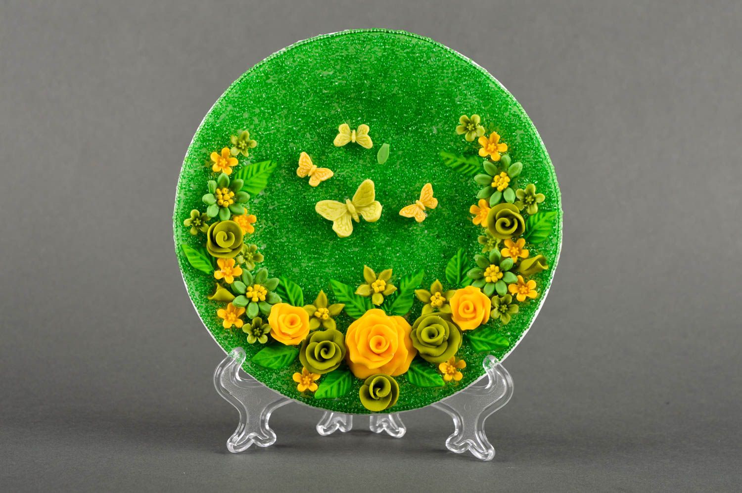 Assiette décorative Décoration fait main verte et jaune Vaisselle déco photo 1