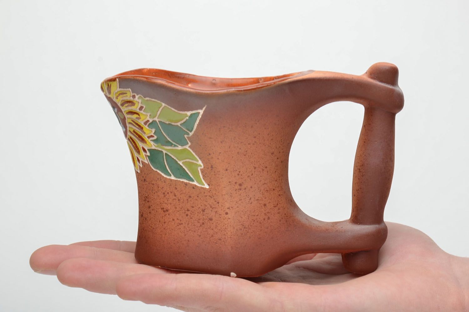 Square ceramic glazed handmade coffee cup with sunflower pattern and wide large handle photo 5
