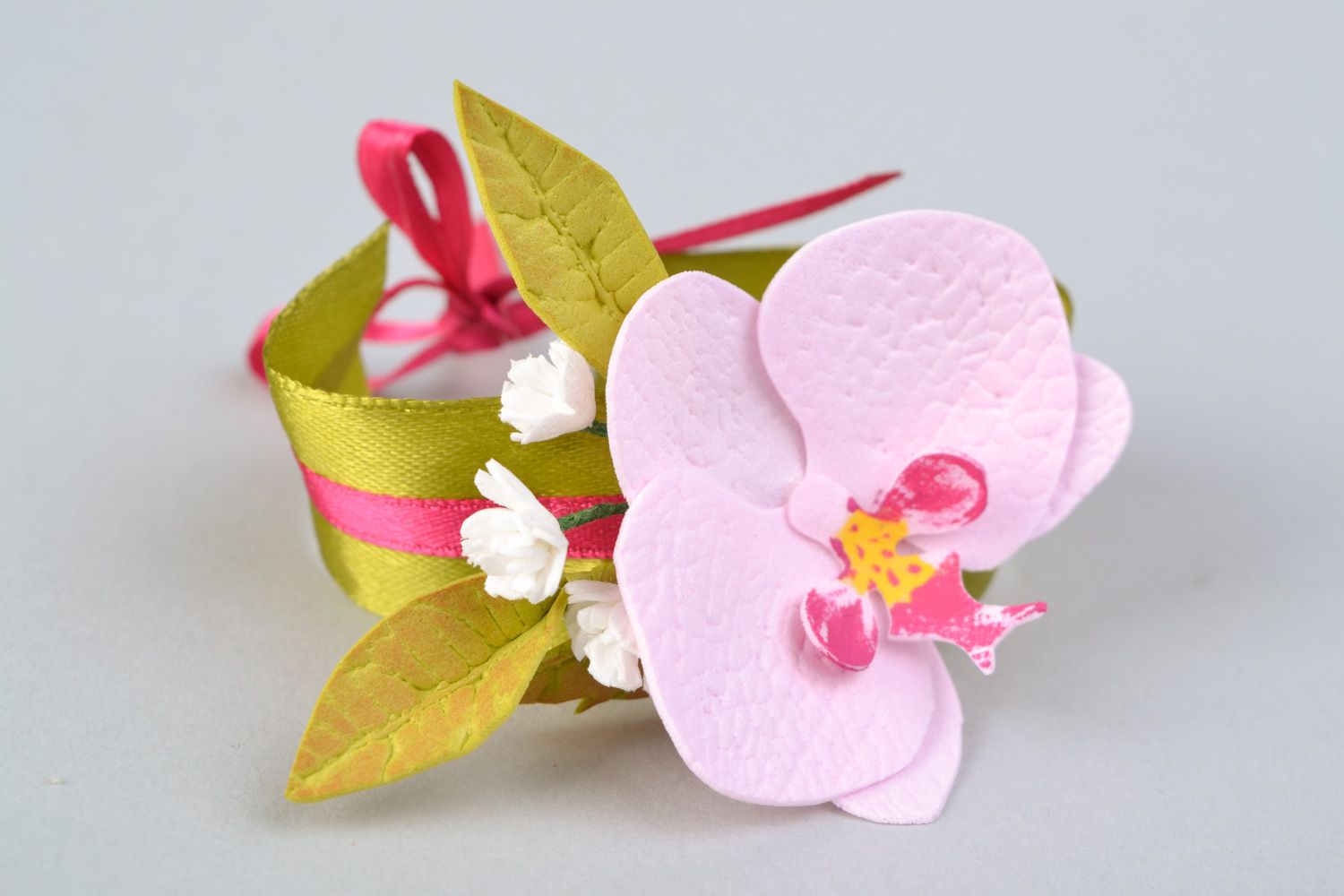 Handmade wedding wrist corsage with orchid flower made of foamiran for bridesmaid  photo 4