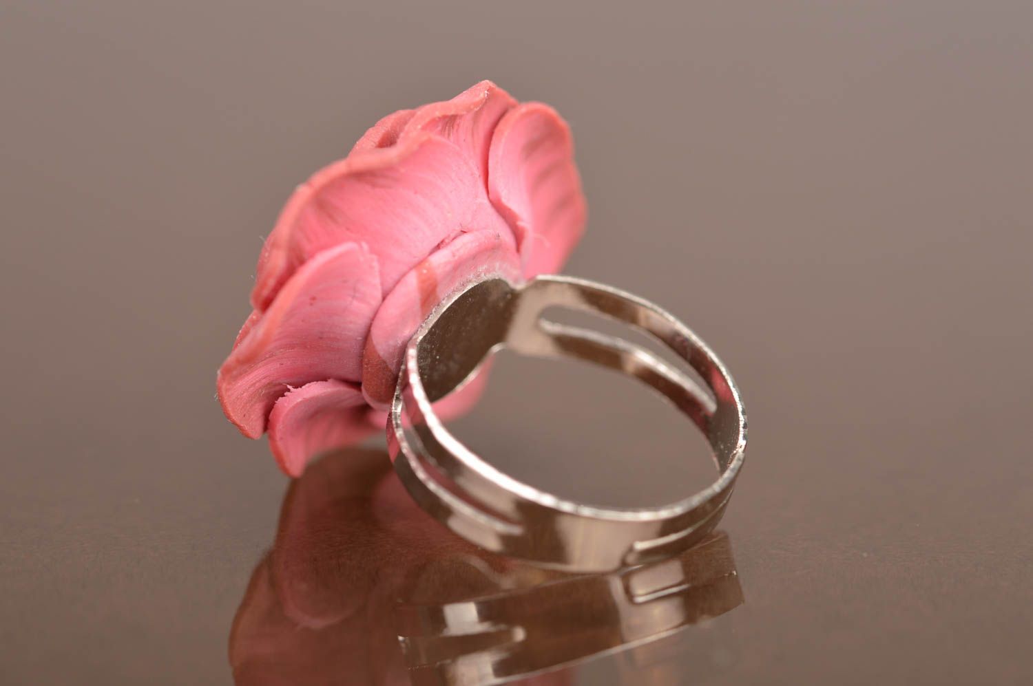 Festive cute handmade beautiful ring made of polymer clay in shape of rose photo 4