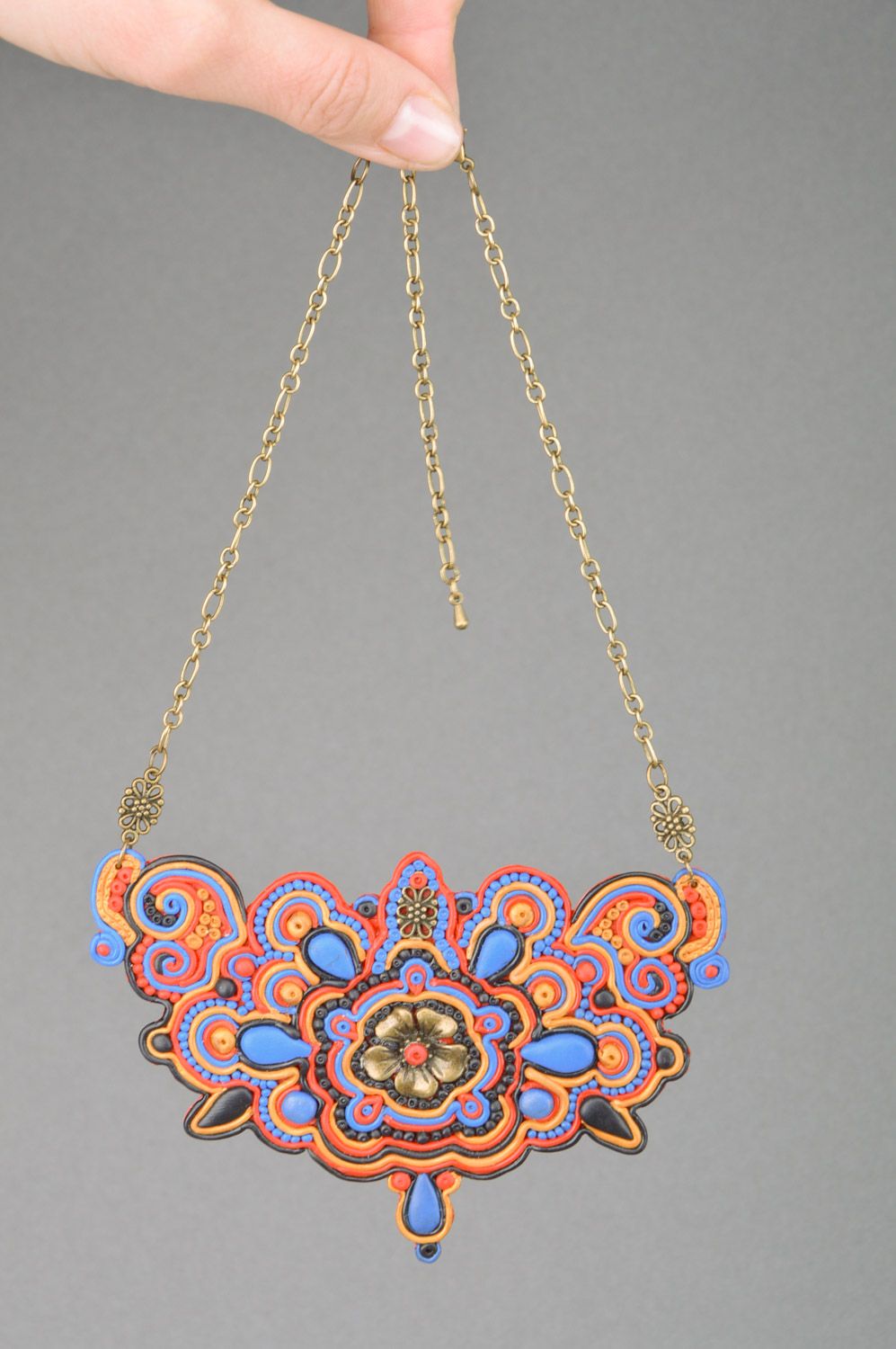 Handmade massive metal and polymer clay necklace with flower ornament in soutache style photo 2