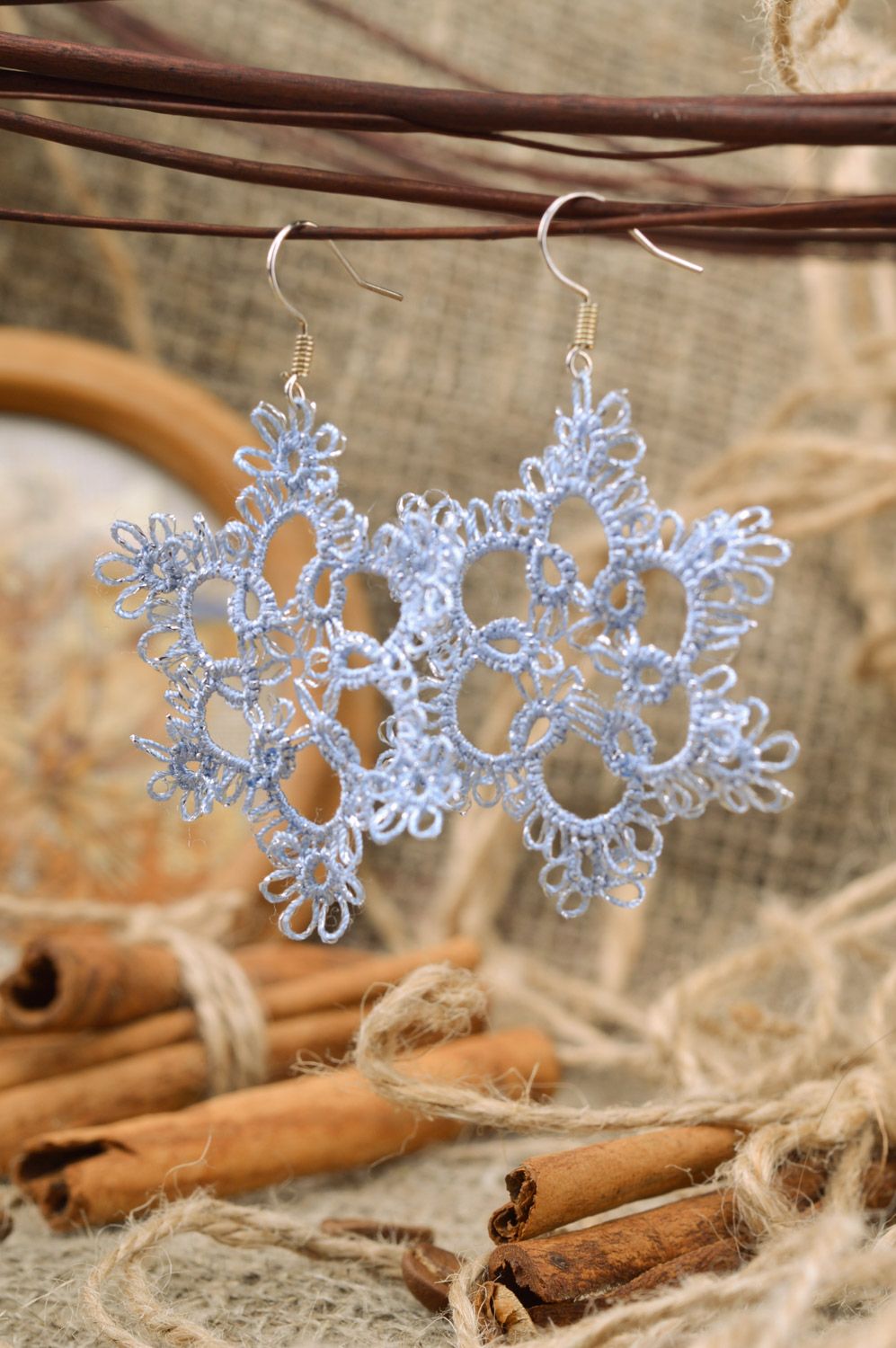Handmade lacy tatted dangle earrings woven of tender blue satin thread Snowflakes photo 1