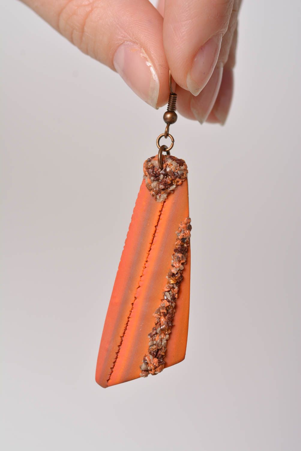 Handmade long dangle polymer clay earrings of terracotta color shade photo 2