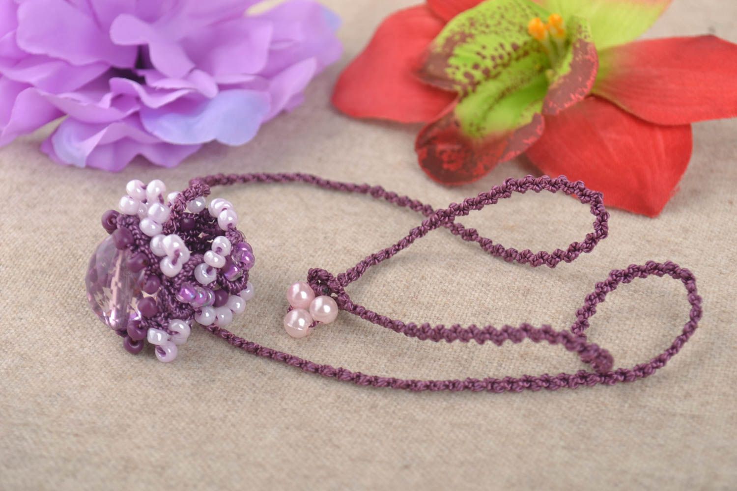 Handmade textile pendant unusual jewelry set beaded ring cute accessories photo 1