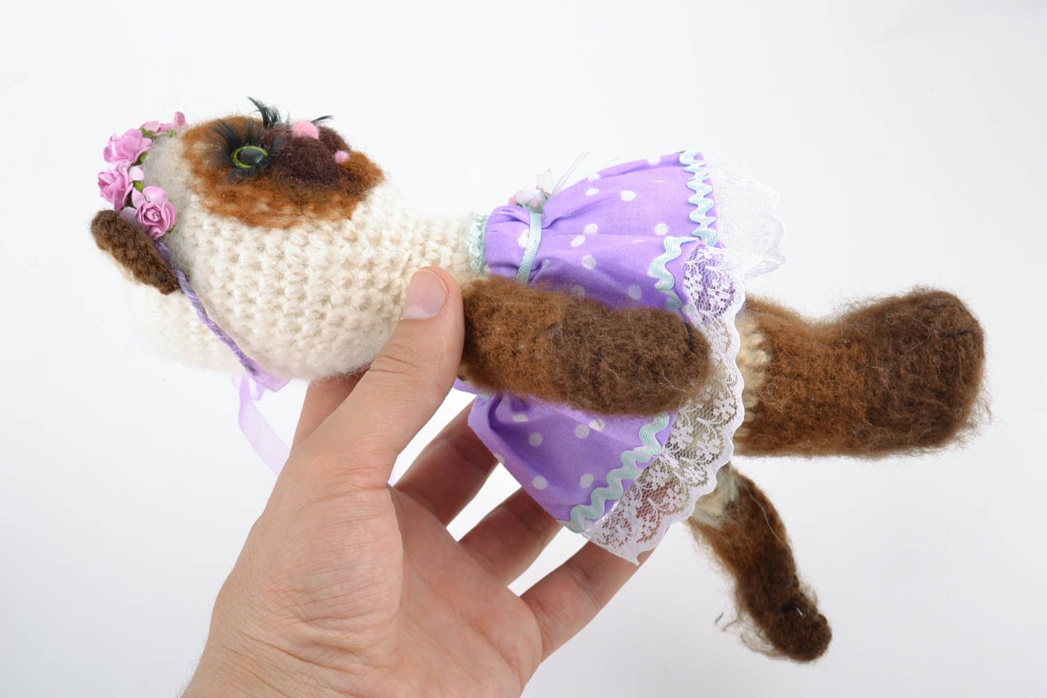 Nice small handmade crochet soft toy kitty in dress photo 2