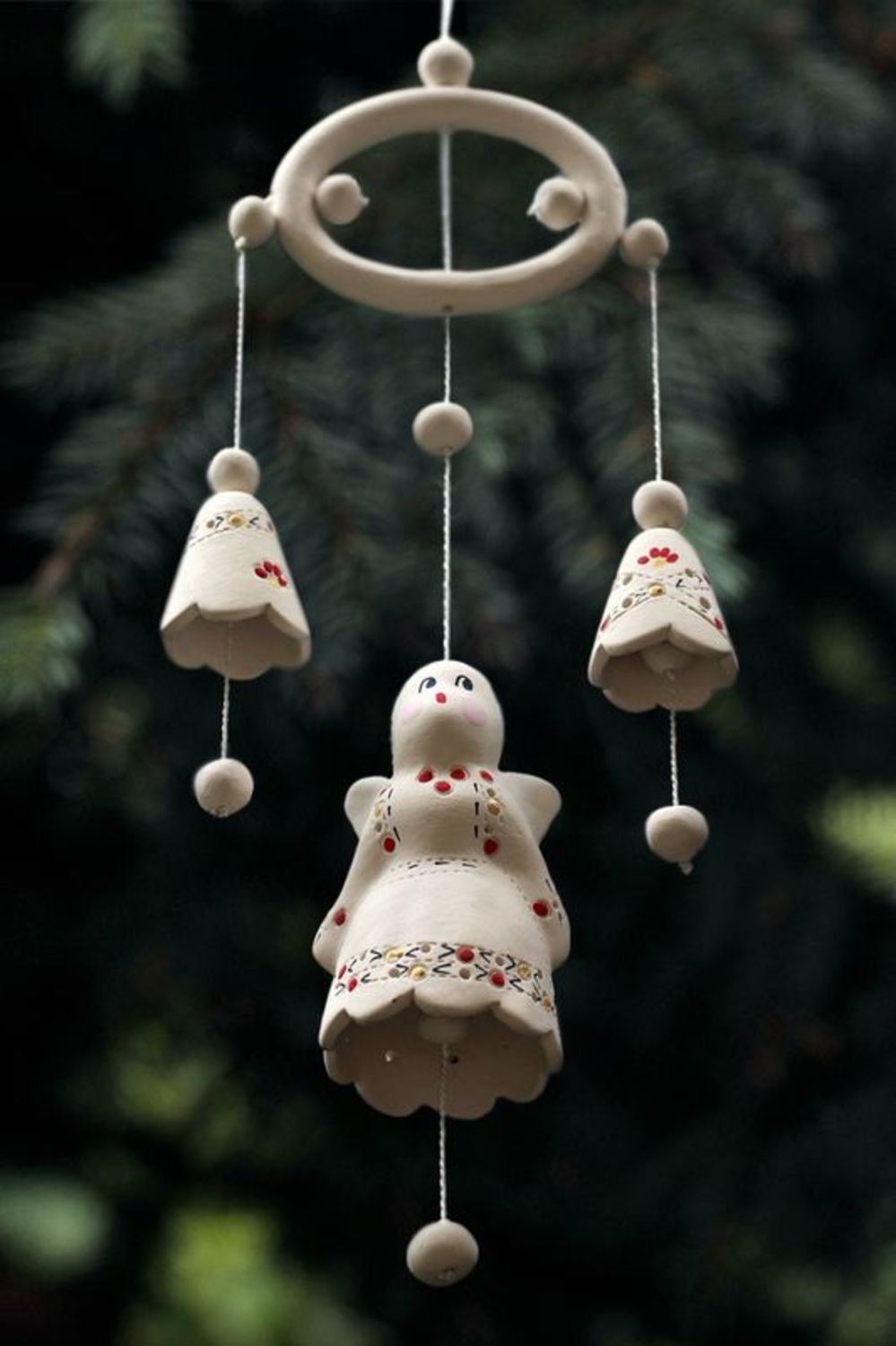 Ceramic hanging bells with an angel, red photo 1