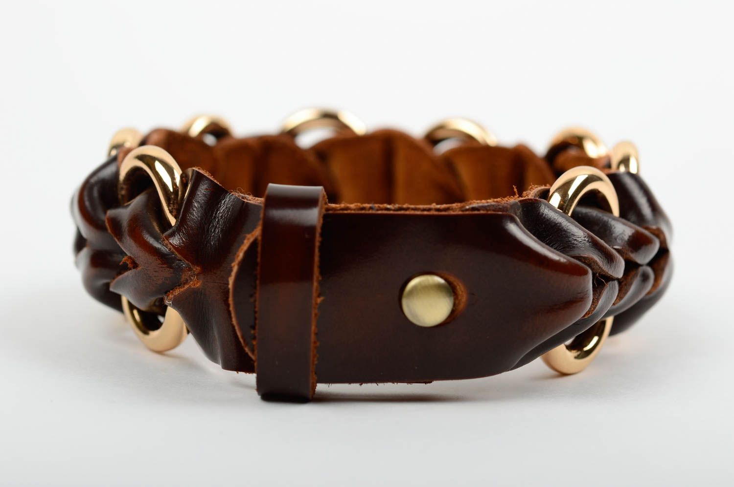Bracelet en cuir naturel fait main brun tressé design original avec métal photo 5