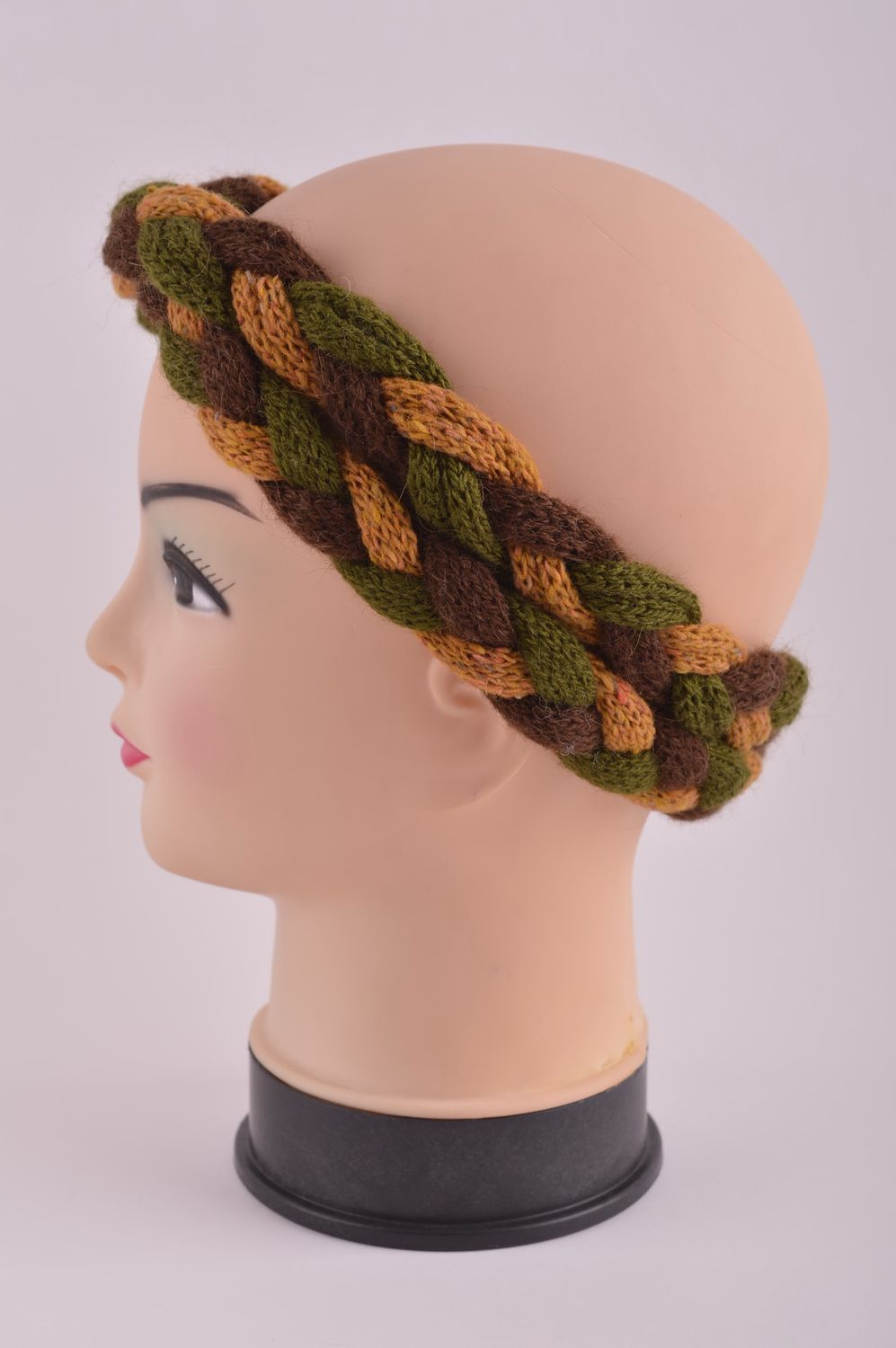 Bandeau cheveux tresse fait main tricoté vert-marron original Accessoire femme photo 5