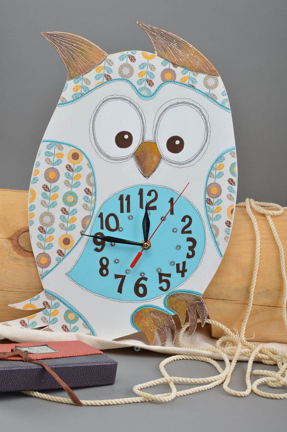 Handmade clock decoupage technique funny owl baby room decoration gift ideas photo 1