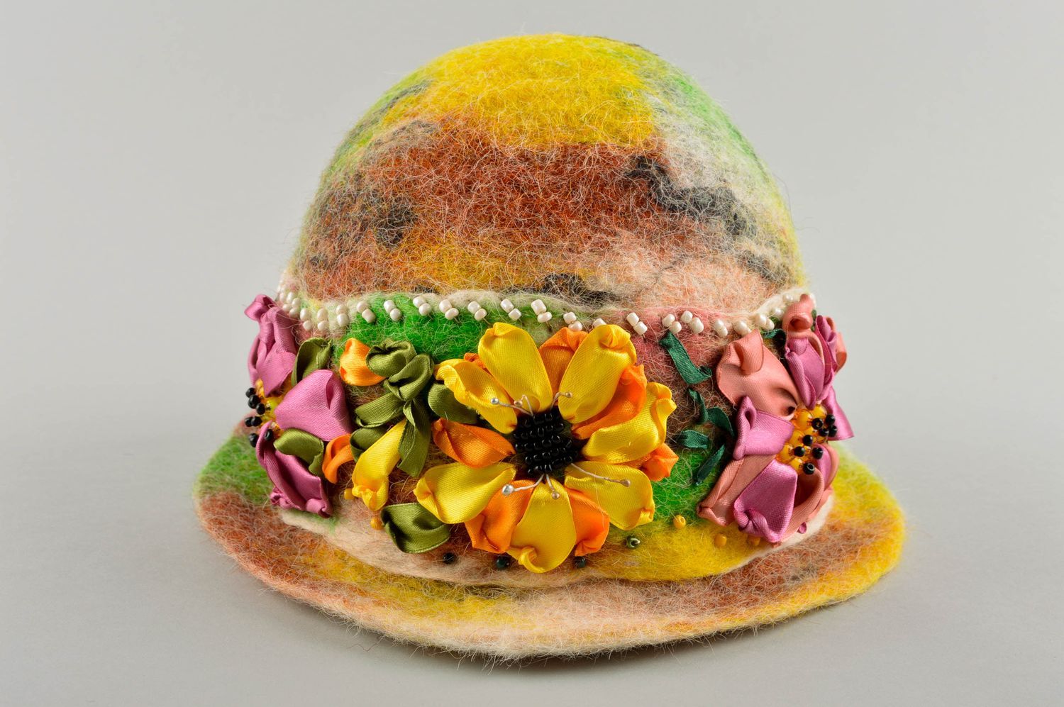 Handmade modischer Damen Hut Accessoire für Frauen Filz Hut grell mit Blumen foto 5