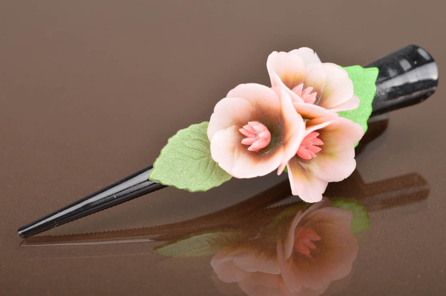Unusual handmade designer polymer clay flower barrette Cherry Blossoms photo 3