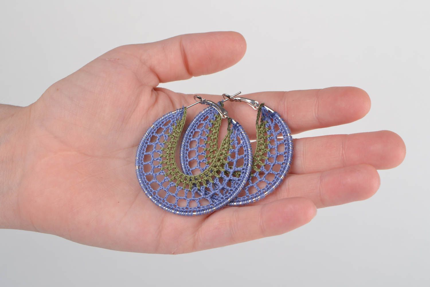 Beautiful handmade textile woven earrings with metal hoops photo 2