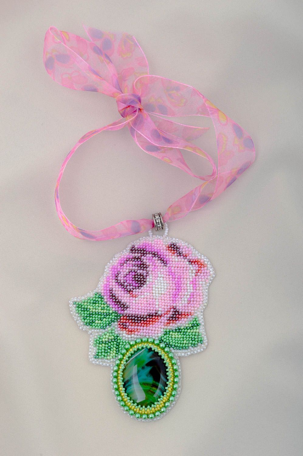 Damen Collier handmade Glasperlen Schmuck mit Naturstein Geschenk für Frau Rose foto 1