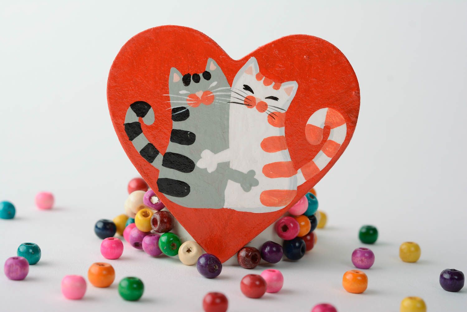 Handcrafted plywood refrigerator magnet in the form of heart with kittens photo 1