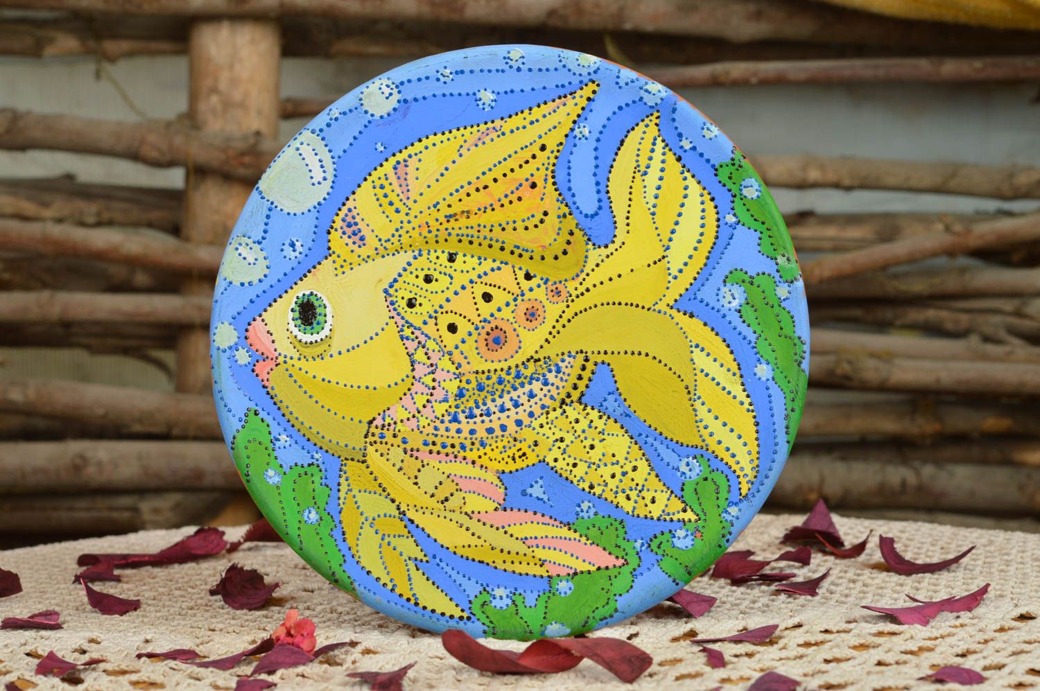 Handmade cute decorative ceramic plate decorated with acrylic paints Fish photo 1