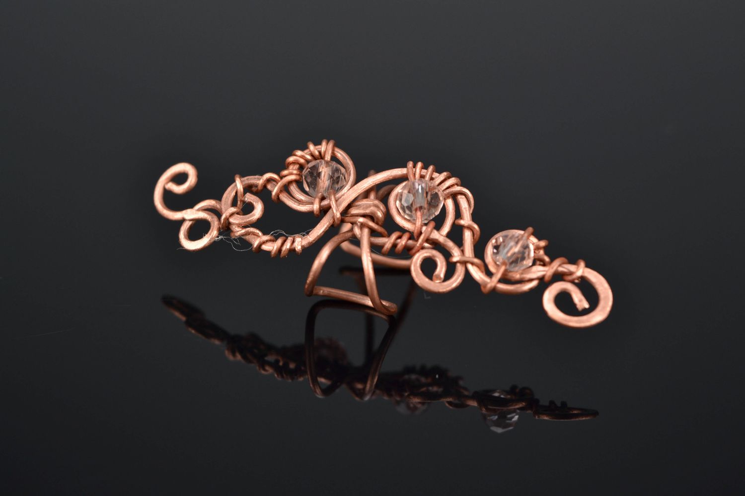 Wire wrap copper cuff earring with pink crystal photo 1