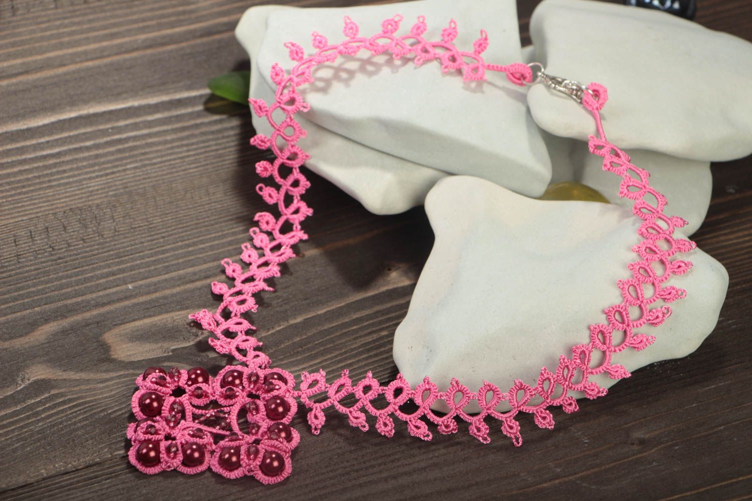 Handmade silk pendant beaded pink necklace openwork designer accessory photo 1