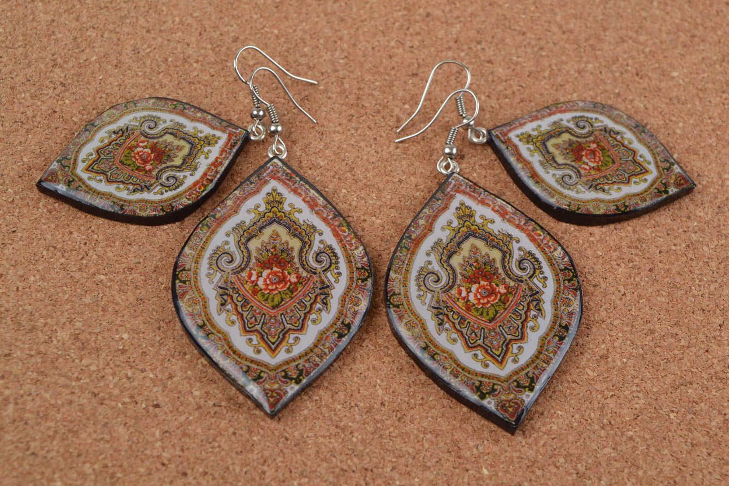 Handmade polymer clay decoupage ornamented earrings set of 2 pairs big and small photo 1