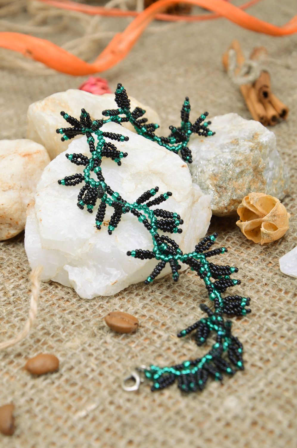 Handmade designer wrist bracelet woven of black and green Czech beads Leaves photo 1