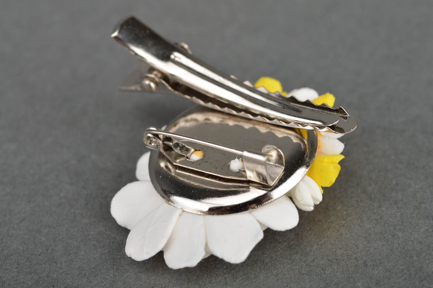 Beautiful white and yellow handmade design polymer clay flower brooch hair clip photo 5