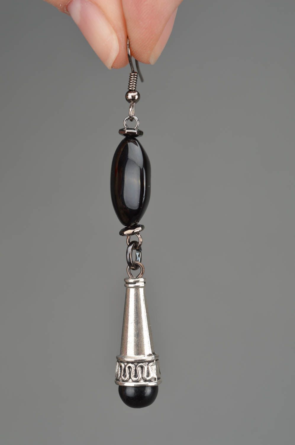 Handmade beautiful stylish long metal earrings with black beads photo 3