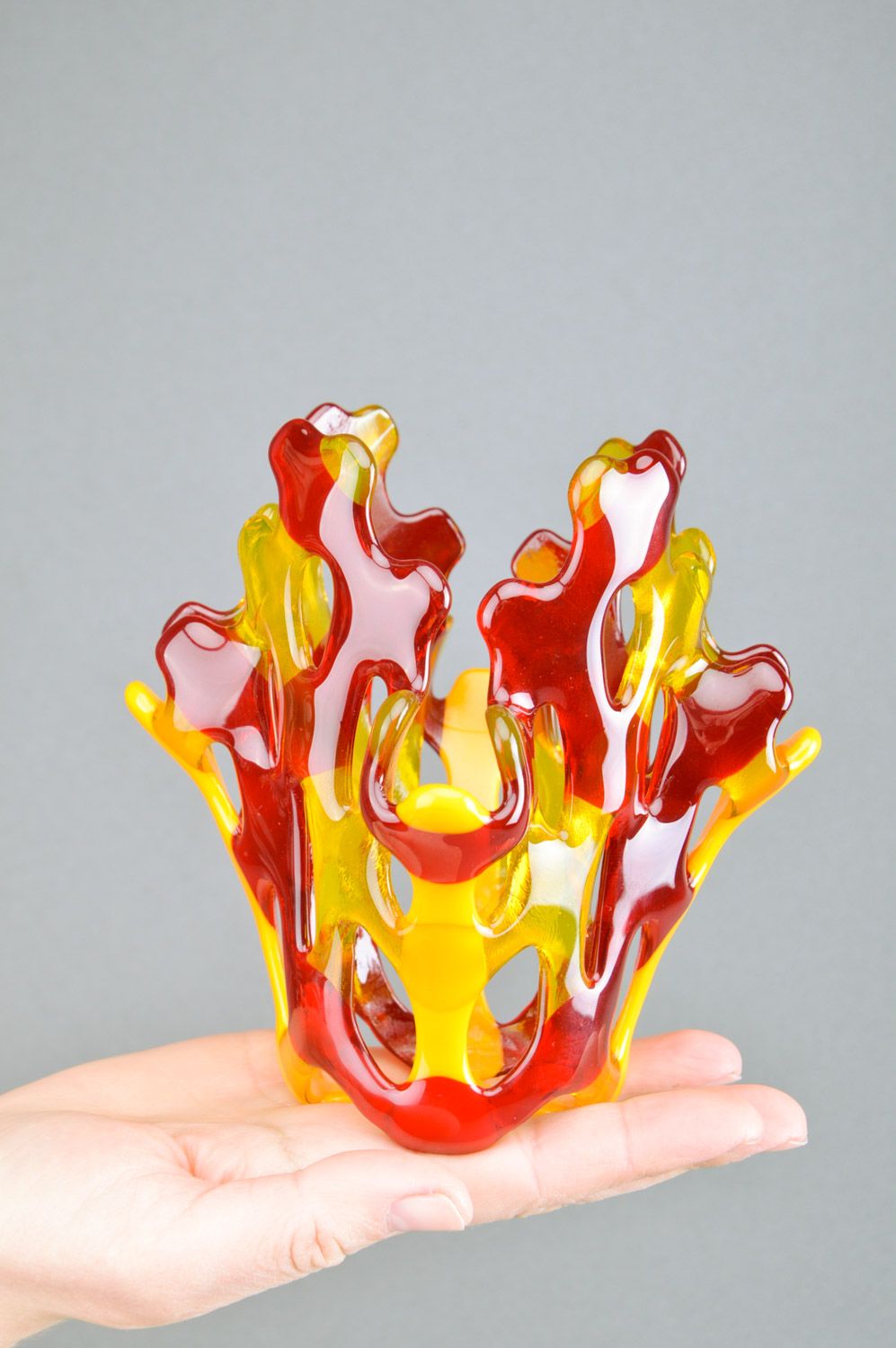 Handmade bright decorative red and yellow fused glass candle holder for interior photo 3