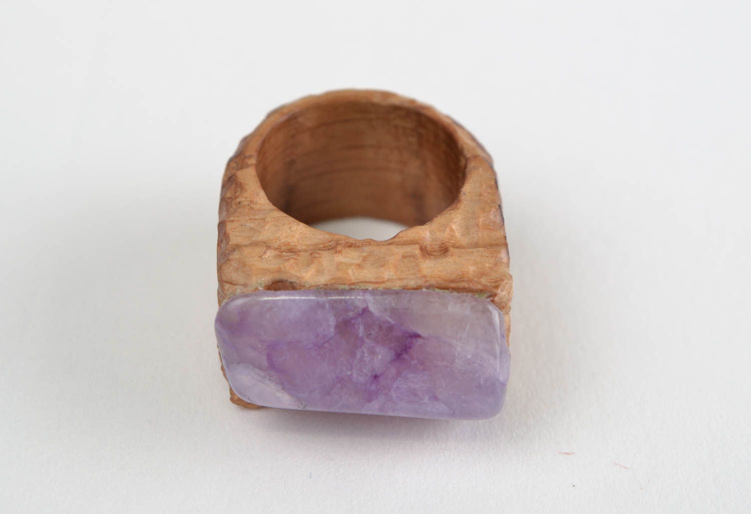 Handmade stylish jewelry ring carved of wood with natural tender violet stone photo 4