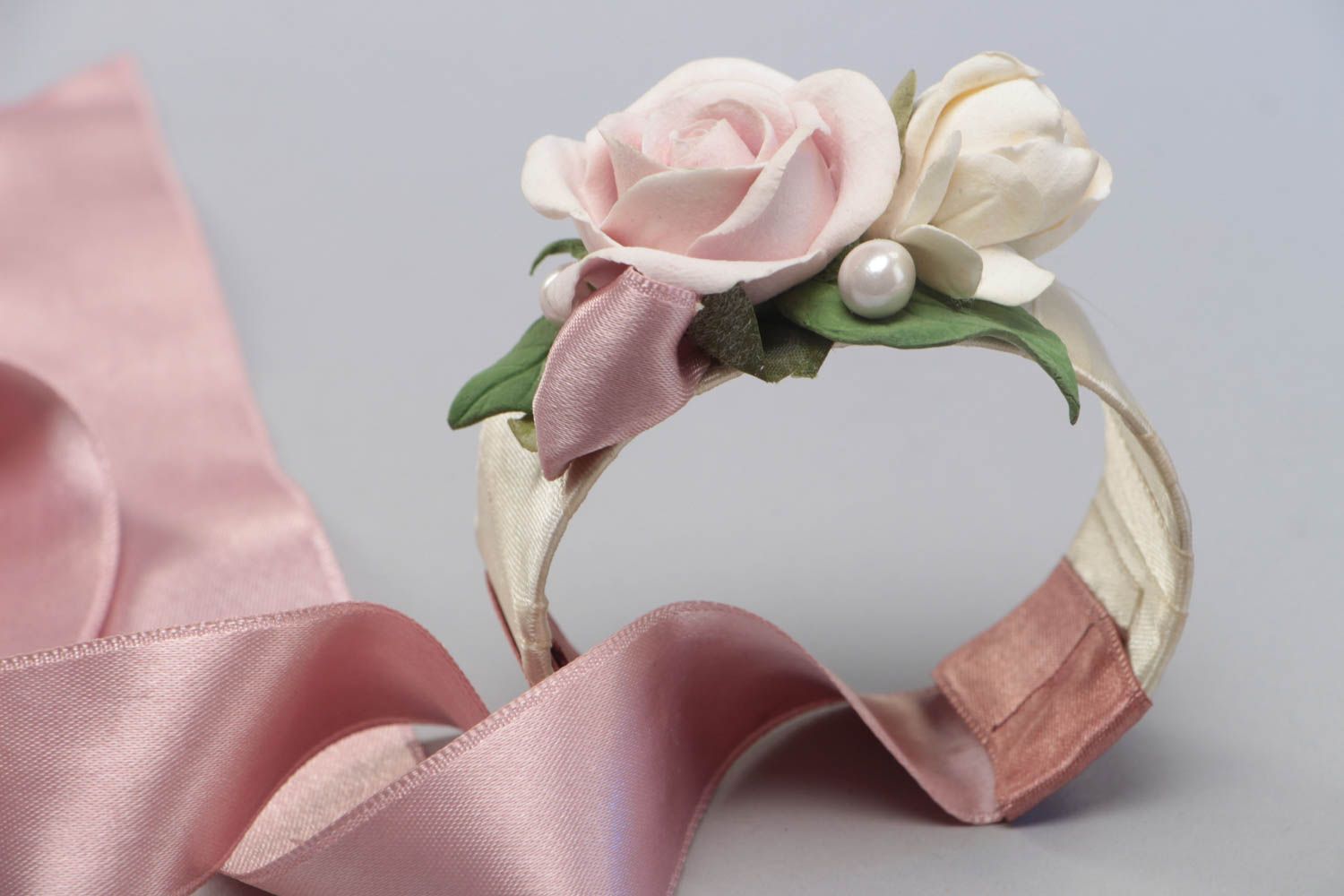 Pink rose flower wedding bracelet with satin ribbons photo 4