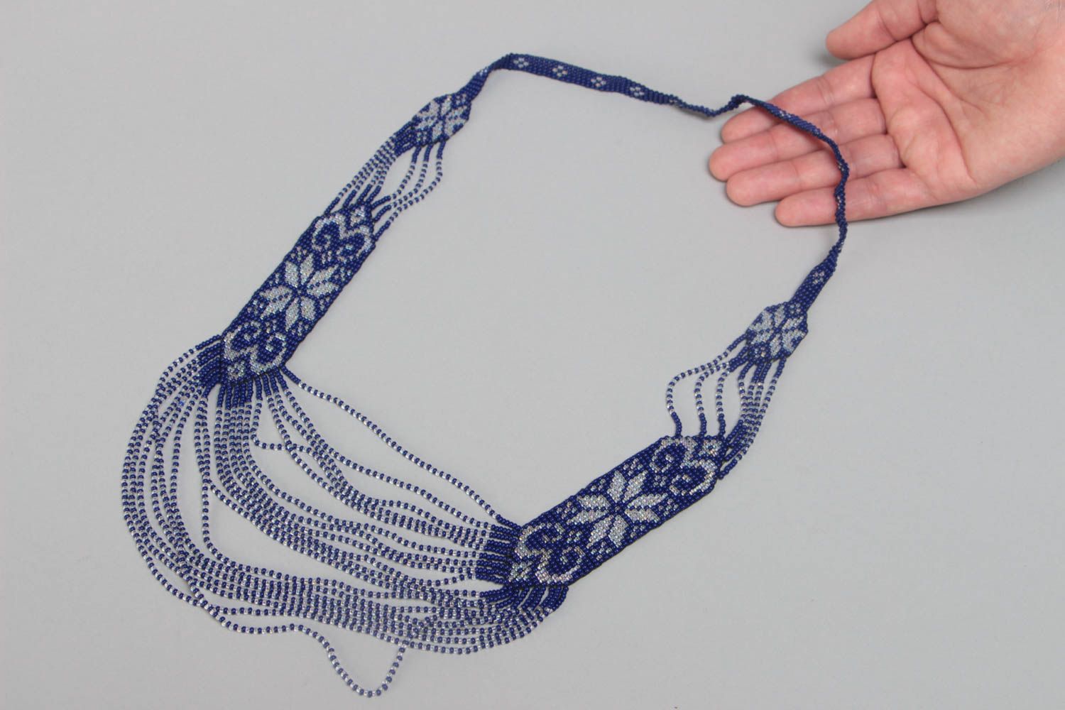 Синий гердан из бисера чешского ручной работы в этно стиле с орнаментом фото 5