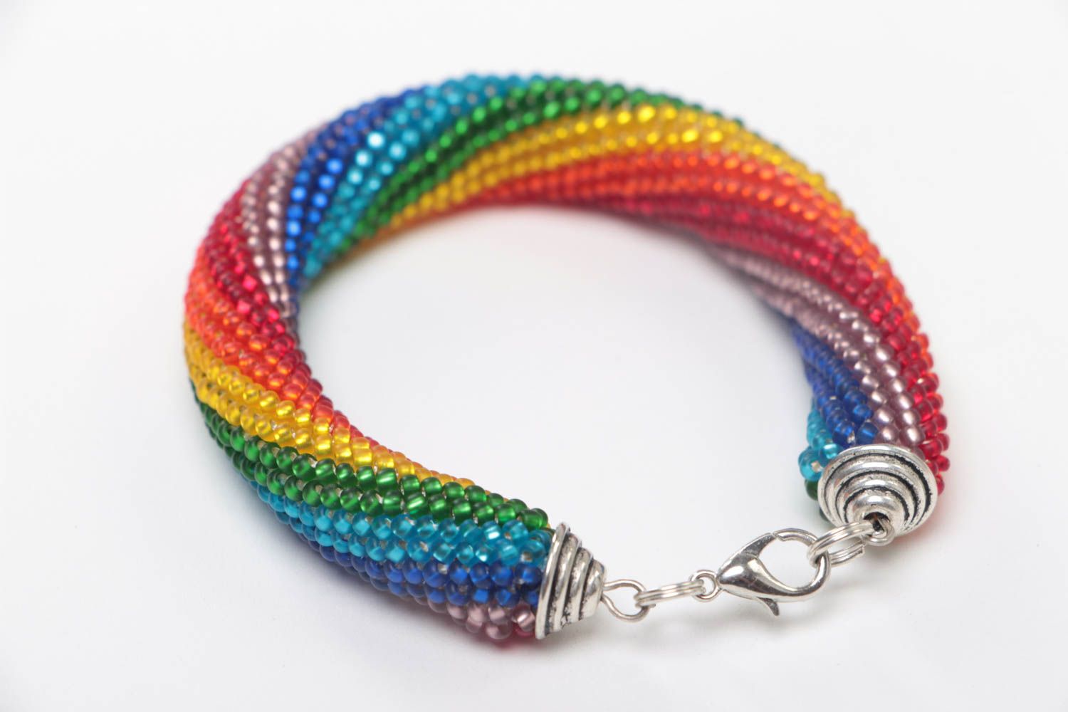 Handmade massive stylish wrist beaded cord bracelet of rainbow coloring photo 4