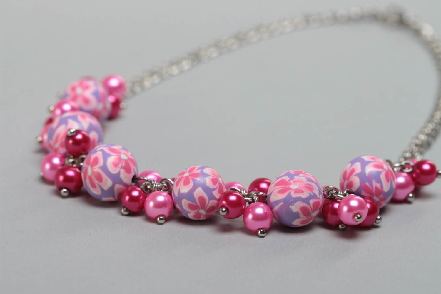 Beautiful handmade pink polymer clay necklace for children photo 3