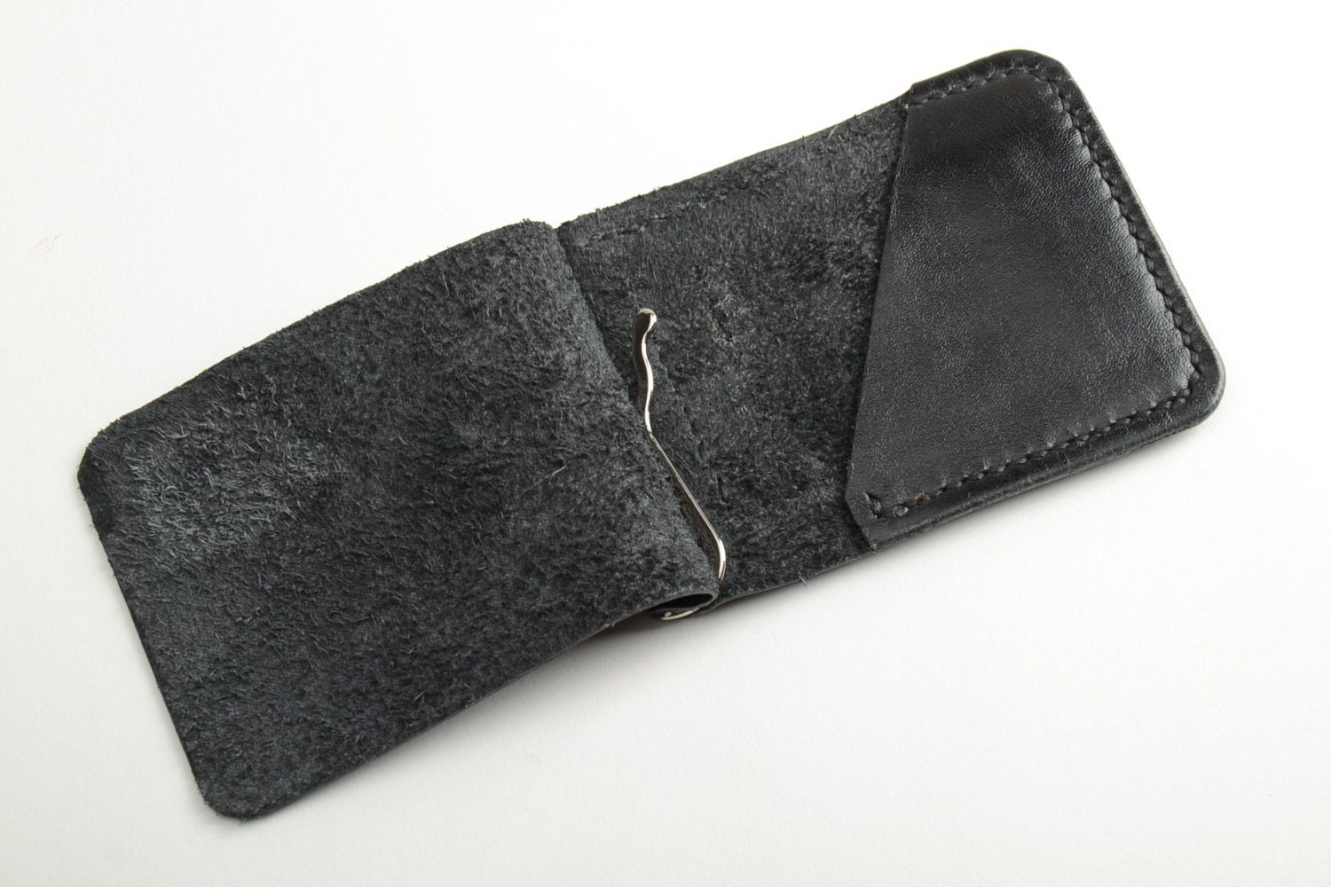 Petit portefeuille avec pince à billets noir orignal cuir naturel fait main photo 3