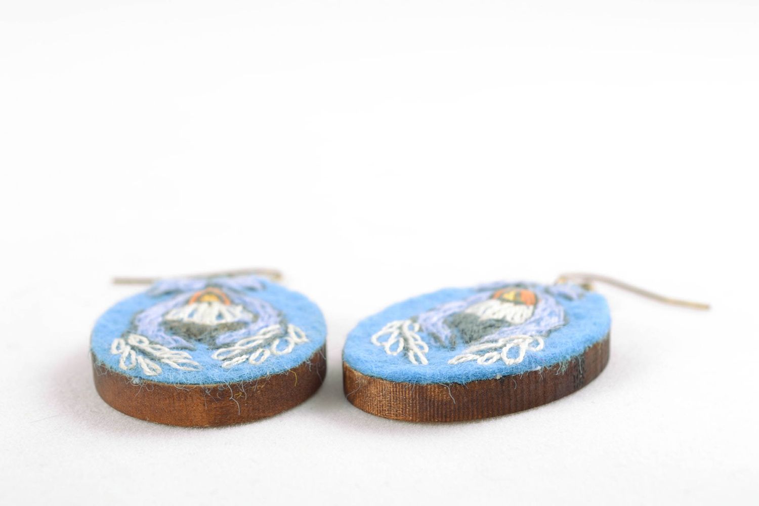 Designer oval earrings with embroidery of blue color photo 4