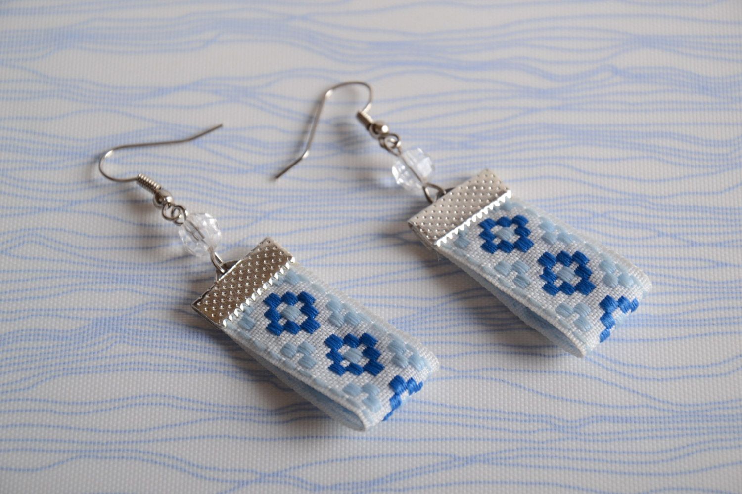 Handmade textile bright earrings with ethnic style ornament photo 1