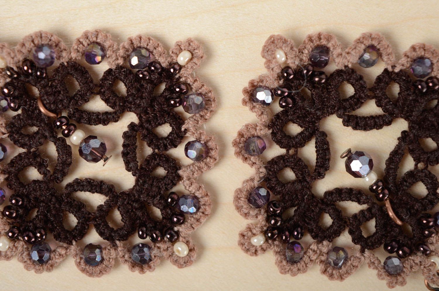 Handmade crochet earrings Brown Rhombus photo 3