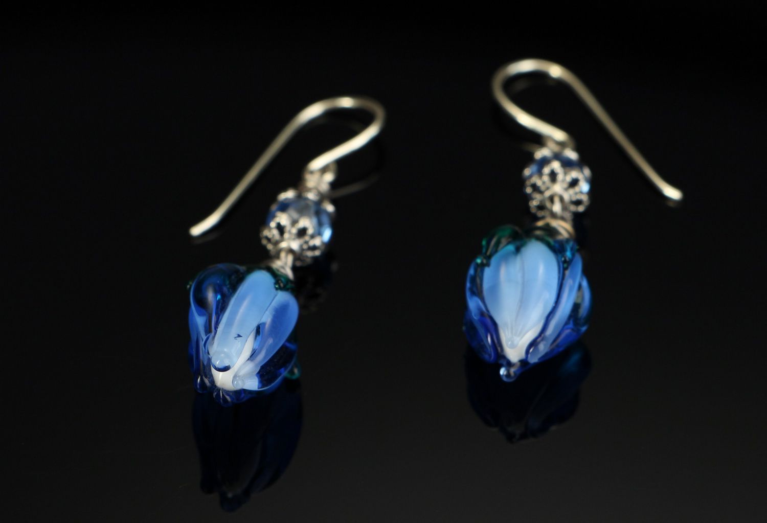 Silver earrings with glass Blue buds photo 3