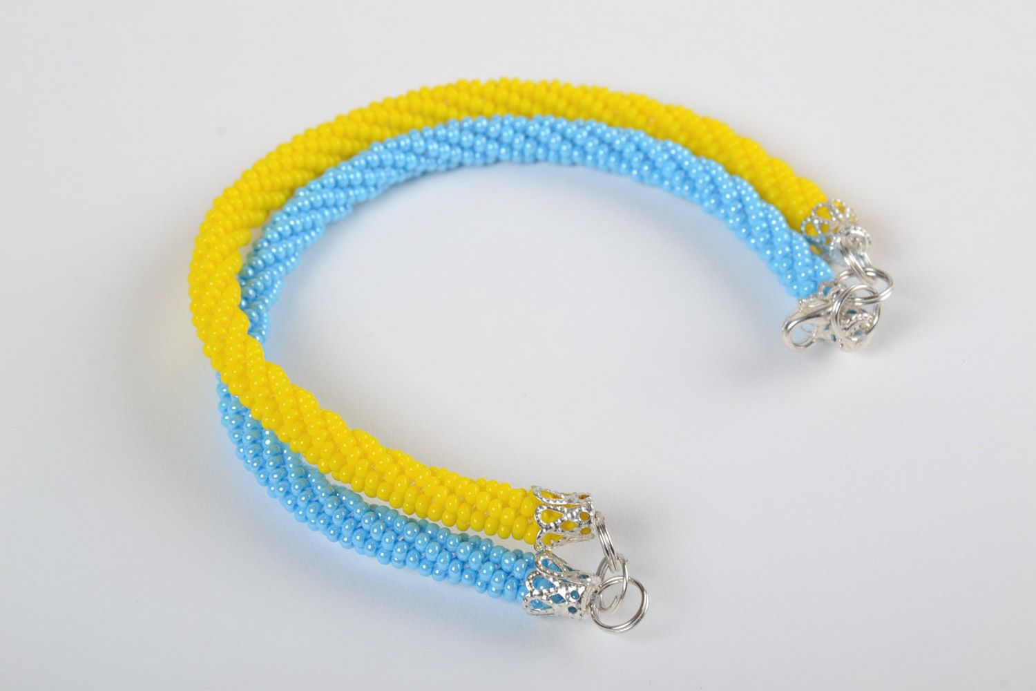 Handmade designer double cord bracelet made of Czech beads yellow with blue photo 3