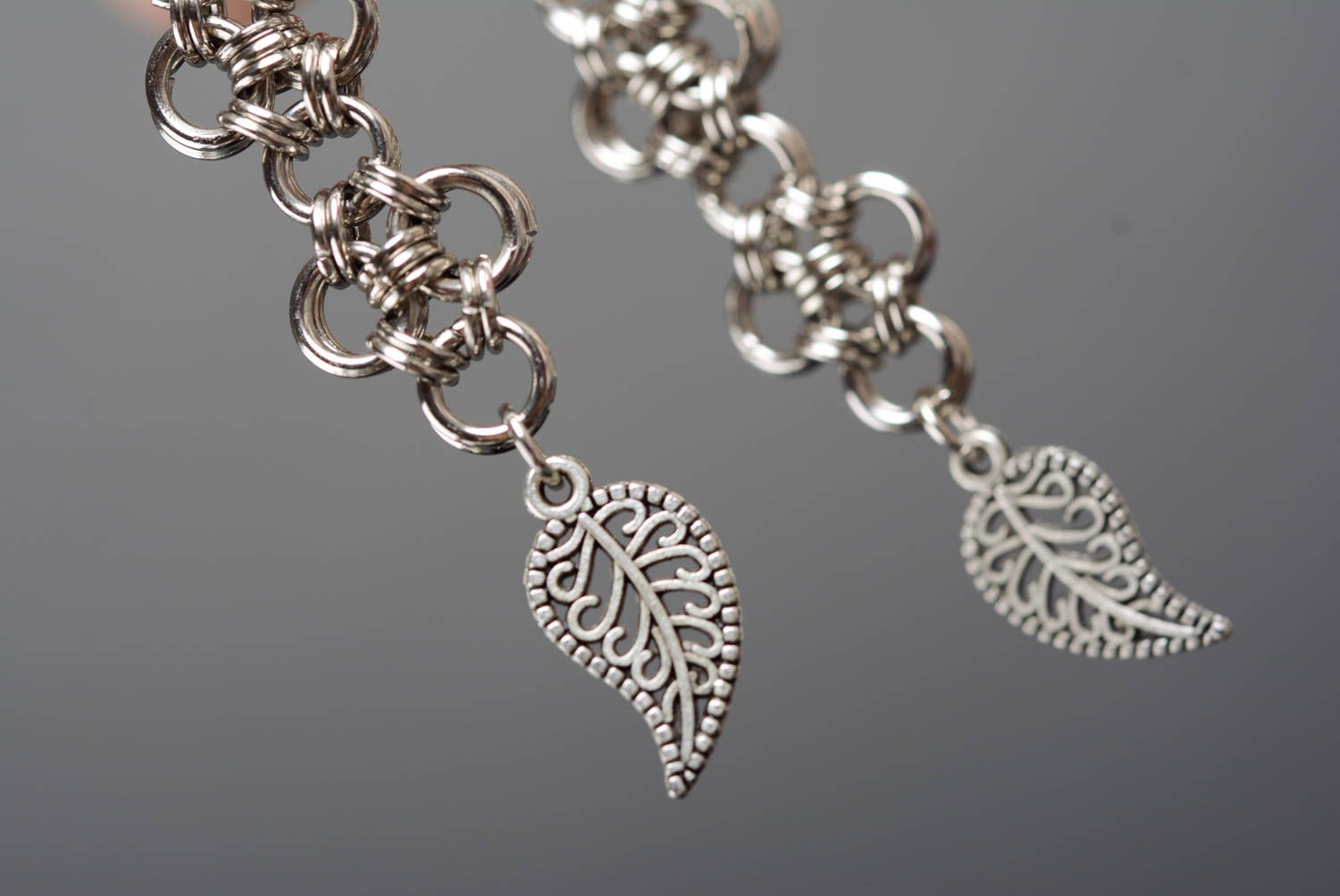 Beautiful handmade long dangling chainmail metal earrings  photo 2