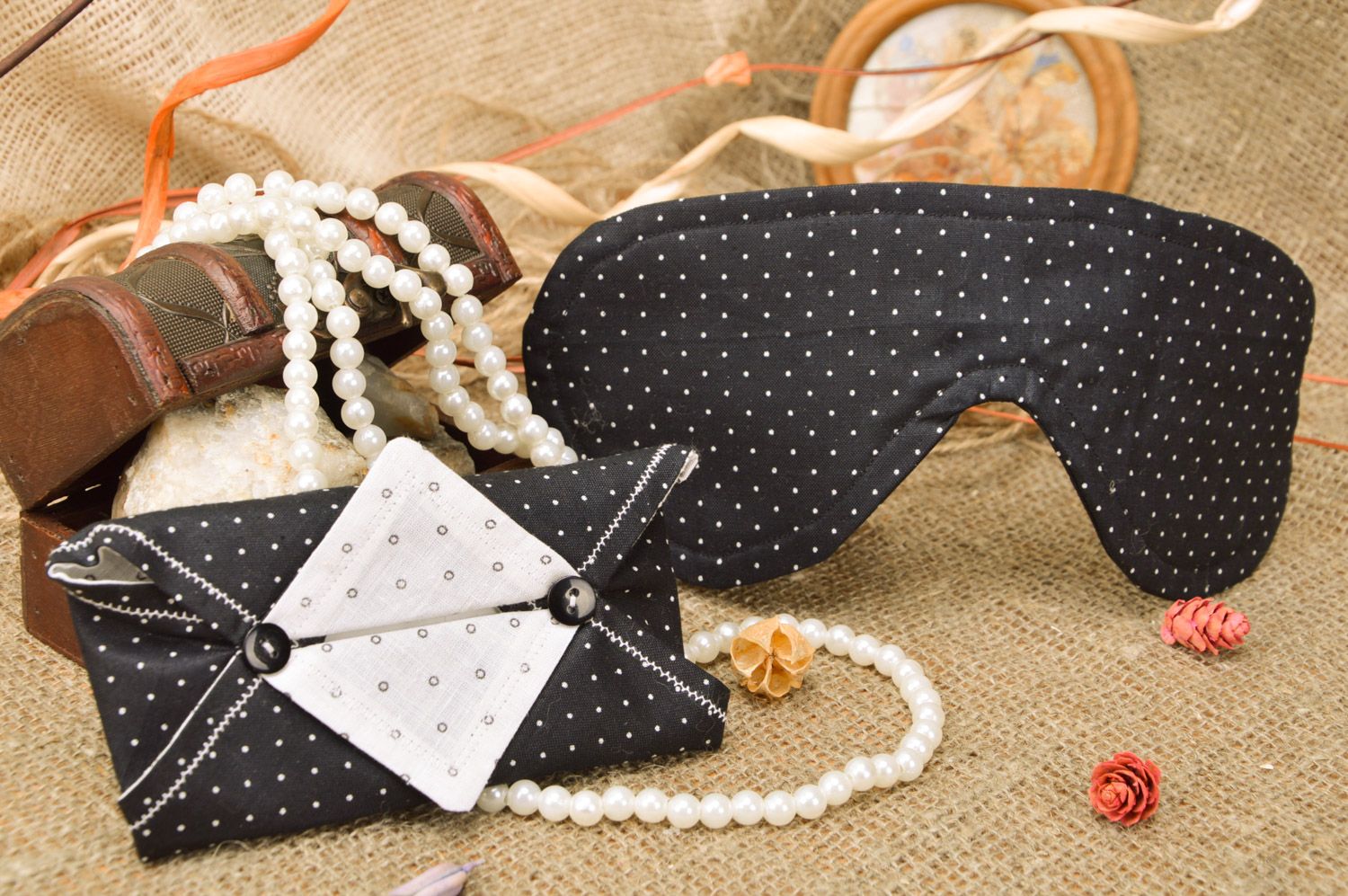 Set of handmade sleep eye mask and napkin holder sewn of polka dot black cotton  photo 1