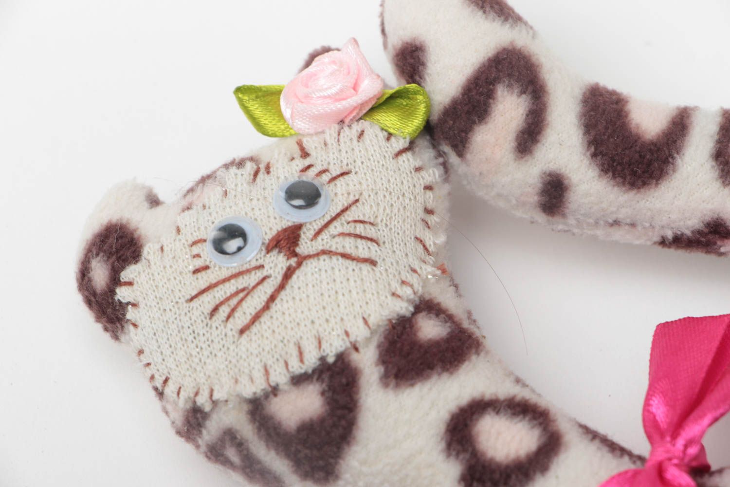 Handmade soft toy sewn of patterned fleece small kitten with pink bow for kids photo 3