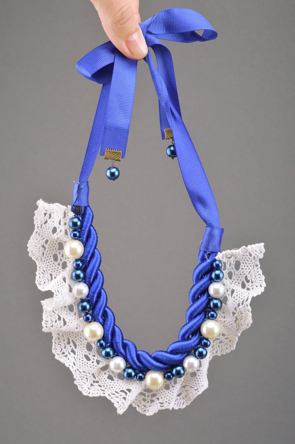 Handmade festive collar necklace with beads and lace in blue and white colors  photo 4