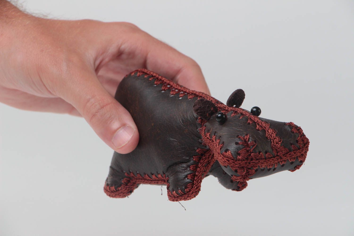 Handmade designer soft toy hippo sewn of genuine dark brown leather for interior photo 5