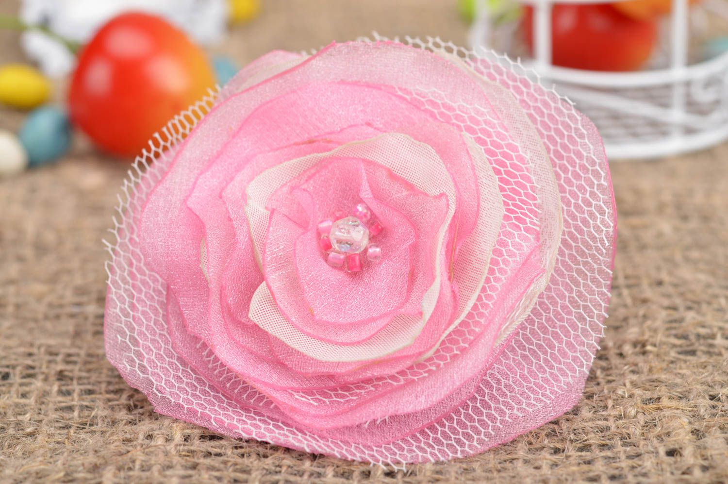 Beautiful handmade children's textile flower hair clip sewn of tulle and felt photo 1