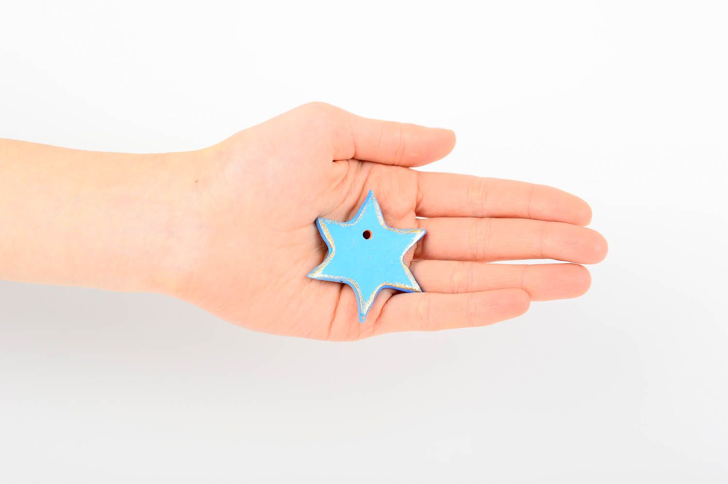 Игрушка на елку хэнд мэйд декор для дома глиняная игрушка в виде голубой звезды фото 2