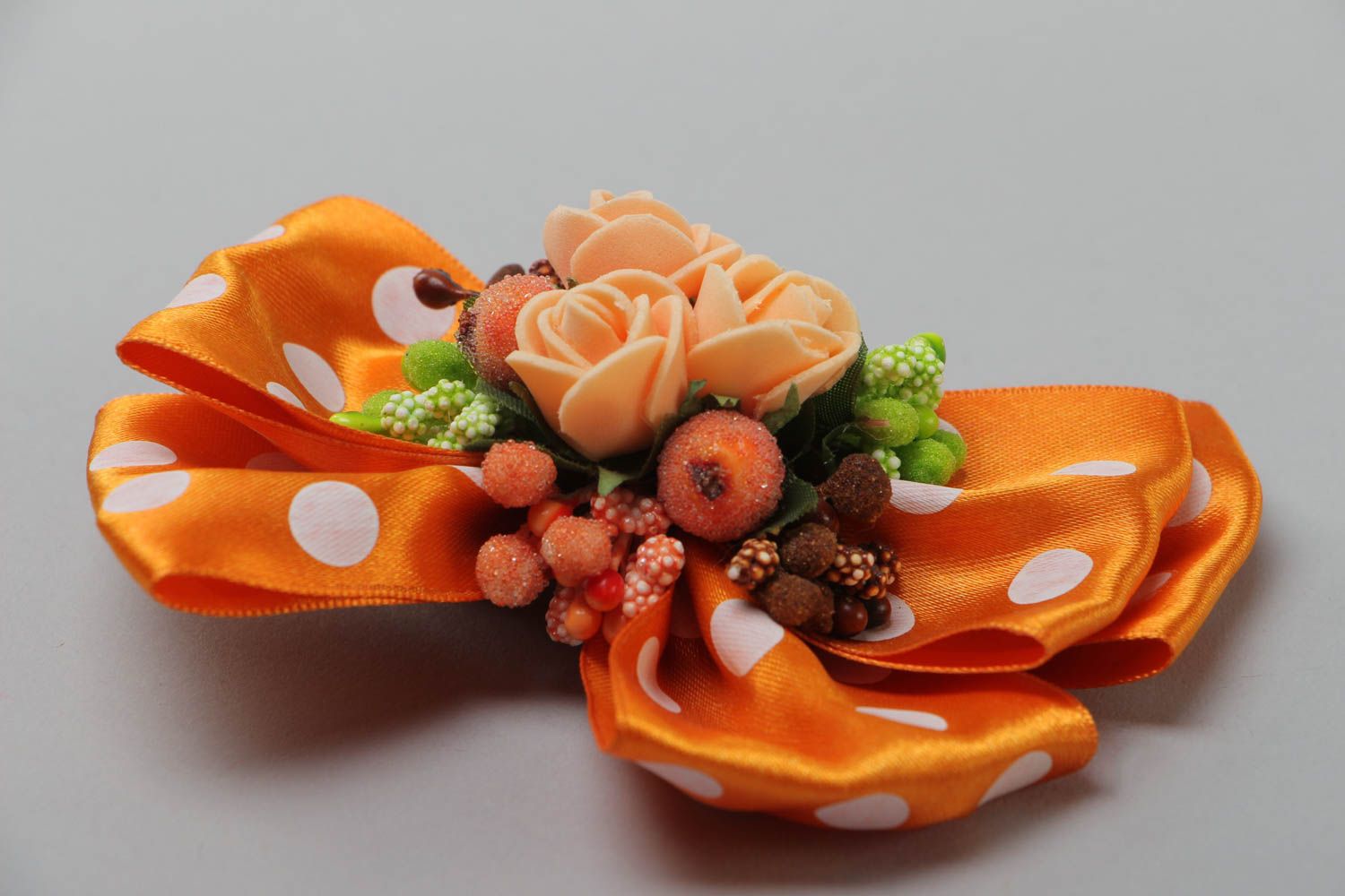 Handmade hair clip bow made of satin ribbons with polymer clay flowers photo 3