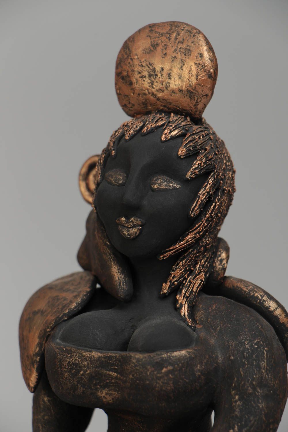 Unusual black handmade designer painted ceramic statuette of woman photo 3