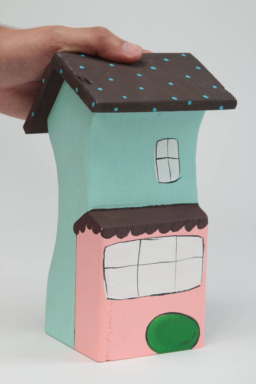 Фигурка из дерева для декора домик ручной работы из сосны голубой розовый кот фото 5