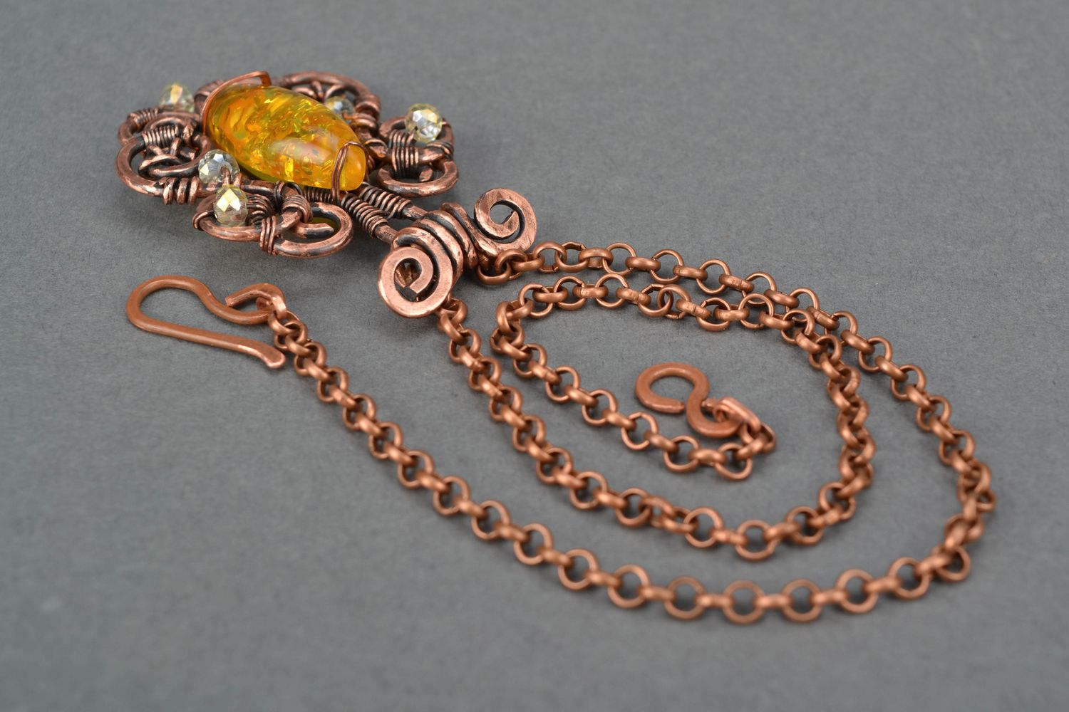 Handmade copper wire wrap jewelry set with amber photo 3