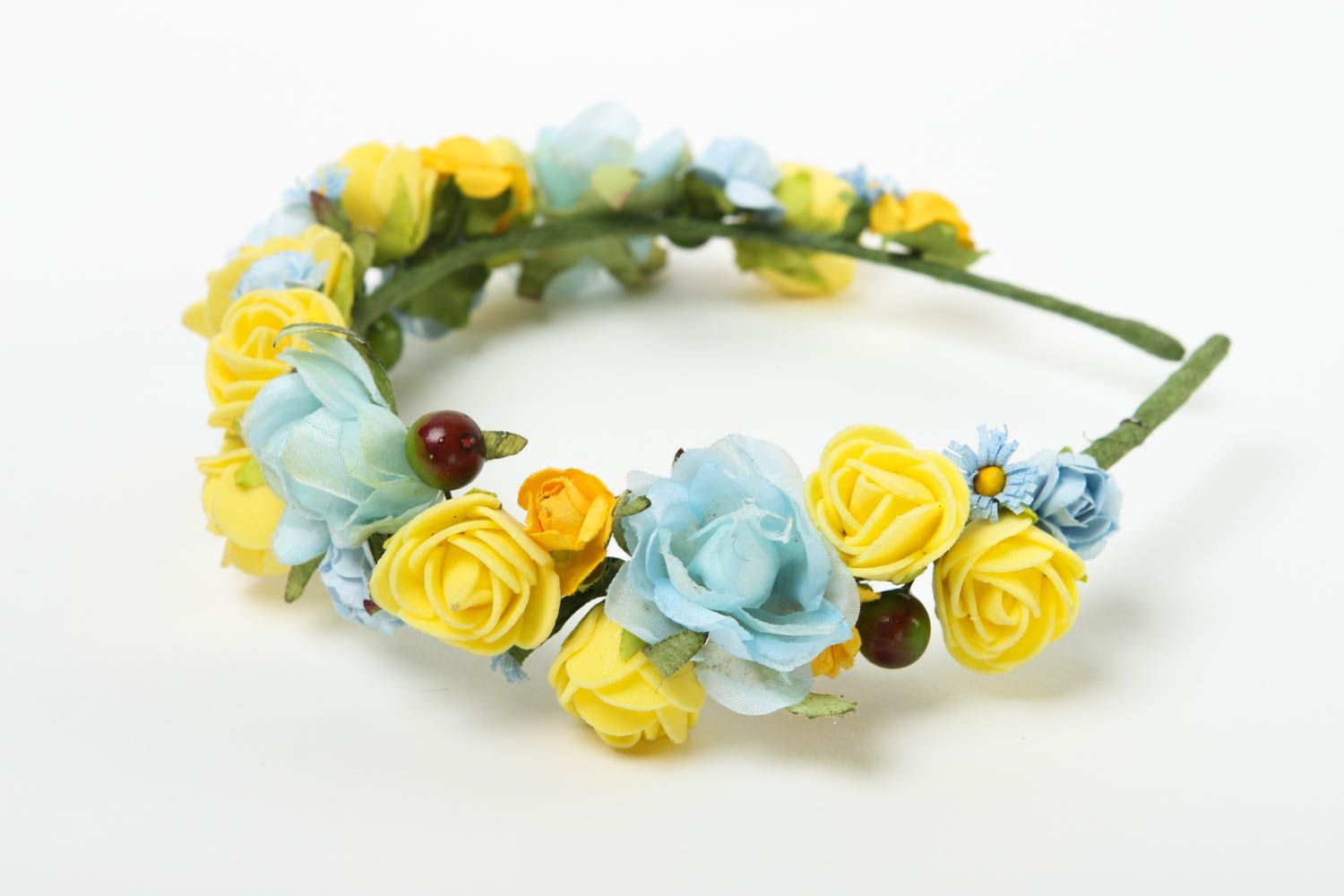 Serre-tête fleurs fait main Accessoire cheveux jaune et bleu Cadeau insolite photo 3